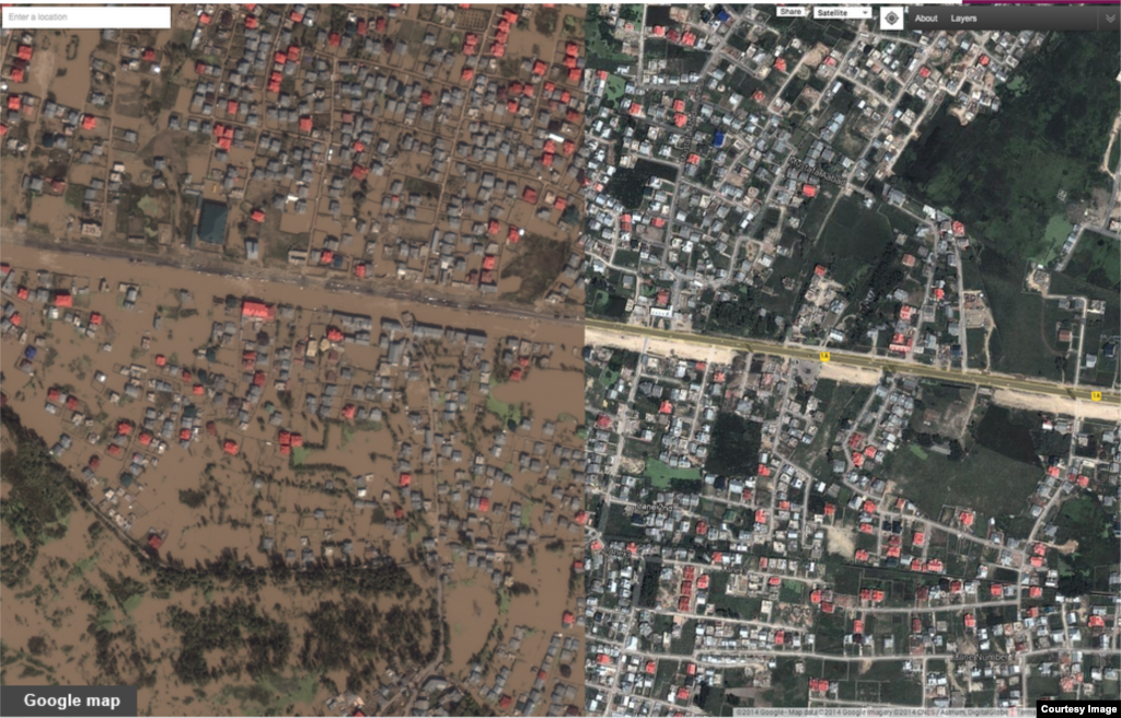 نقشه هوایی گوگل از سرینگر، مرکز ایالت جامو و کشمیر هند، قبل و بعد از سیلاب شهریور ماه