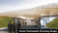 An artist's rendering shows a concept for the Pavilion area at Konza, Kenya.