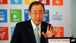 FILE - U.N. chief Ban Ki-moon speaks during a press conference at Tunis-Carthage Airport in Tunis, Tunisia, March 29, 2016. A U.N. conference April 7-8 on terrorism will focus on measures to prevent violent extremism from gaining a foothold and spreading.