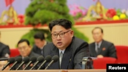 North Korean leader Kim Jong Un speaks at the Seventh Congress of the Workers' Party of Korea in this undated photo released by North Korea's Korean Central News Agency.