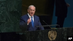 1일 미국 뉴욕 유엔 본부에서 열린 제 70차 유엔총회에서 벤자민 네타냐후 이스라엘 총리가 연설하고 있다.