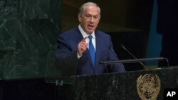 PM Israel Benjamin Netanyahu memberikan pidato pada Sidang Majelis Umum PBB hari Kamis (1/10). 