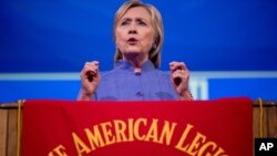 Democratic presidential candidate Hillary Clinton speaks at the American Legion's 98th Annual Convention at the Duke Energy Convention Center in Cincinnati, Ohio, Aug. 31, 2016. 