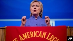 Democratic presidential candidate Hillary Clinton speaks at the American Legion's 98th Annual Convention at the Duke Energy Convention Center in Cincinnati, Ohio, Aug. 31, 2016. 