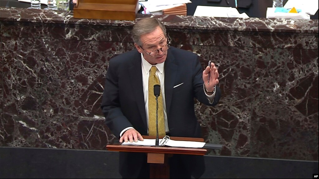 chment Description: In this image from video, Michael van der Veen, an attorney for former President Donald Trump, speaks during the second impeachment trial of Trump in the Senate at the U.S. Capitol in Washington, Friday, Feb. 12, 2021. (Senate Television via AP)