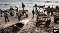 Des conducteurs de charrettes attendent le long de la plage du marché aux poissons de Yoff où ils achèteront du poisson frais à vendre le long des routes à Dakar le 28 avril 2021.