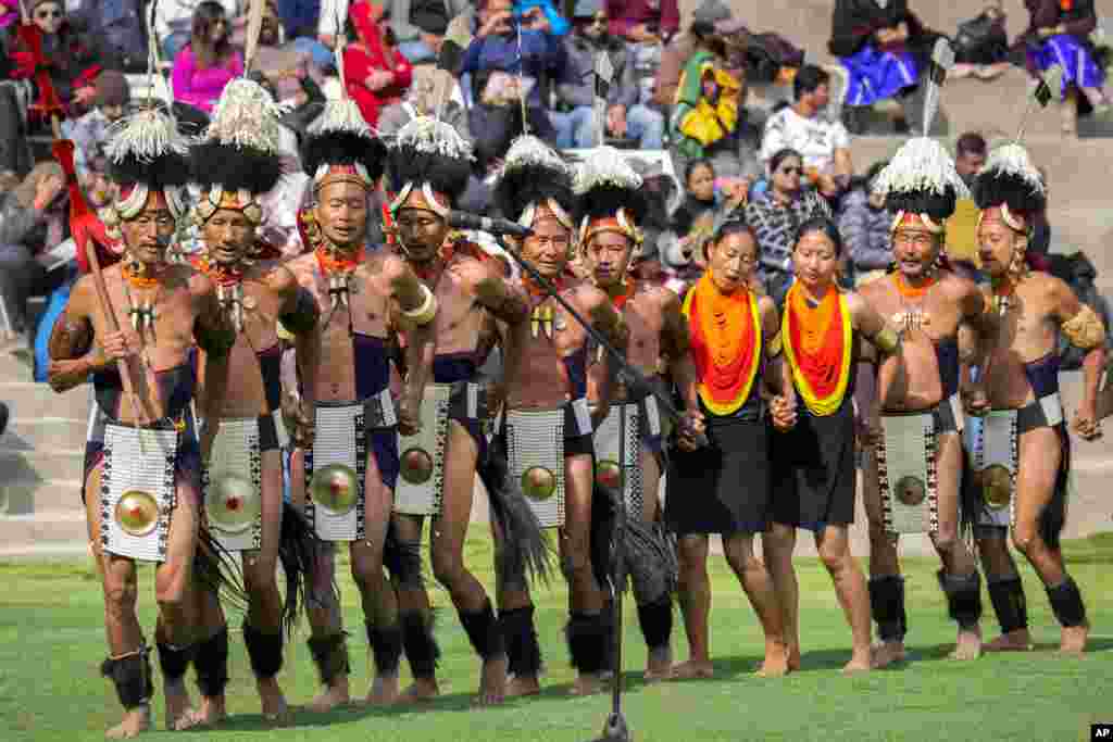 Indigenous Naga tribals dance during the Hornbill Festival in Kisama, on the outskirts of Kohima, capital of the northeastern Indian state of Nagaland, Dec. 10, 2024.