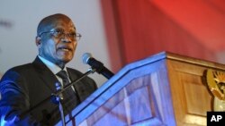 FILE - South African President Jacob Zuma speaks at the official launch of the Trans-Africa Locomotive prototype near Pretoria, April 4, 2017. 