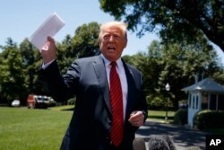 FILE - President Donald Trump speaks to reporters before departing for a trip to Iowa, on the South Lawn of White House, June 11, 2019.