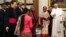 Bangladesh Prime Minister Sheikh Hasina (C) accompanied by her delegation, stands next to Pope Francis on the occasion of a private audience at the Vatican, Feb. 12, 2018.
