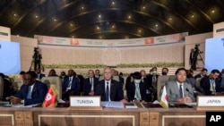 突尼斯星期六主办“东京非洲发展国际会议”，中间至右为突尼斯总统赛义德和日本外务大臣林芳正（2022年8月27日）
