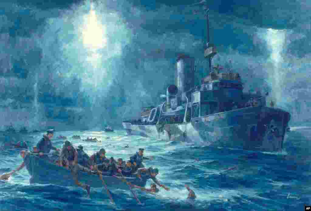 A painting of the rescue of USAT Dorchester survivors in February 1943 in the North Atlantic Ocean. The Dorchester is best remembered today for the four Chaplains who died because they gave up their life jackets to save others. (US Coast Guard image)
