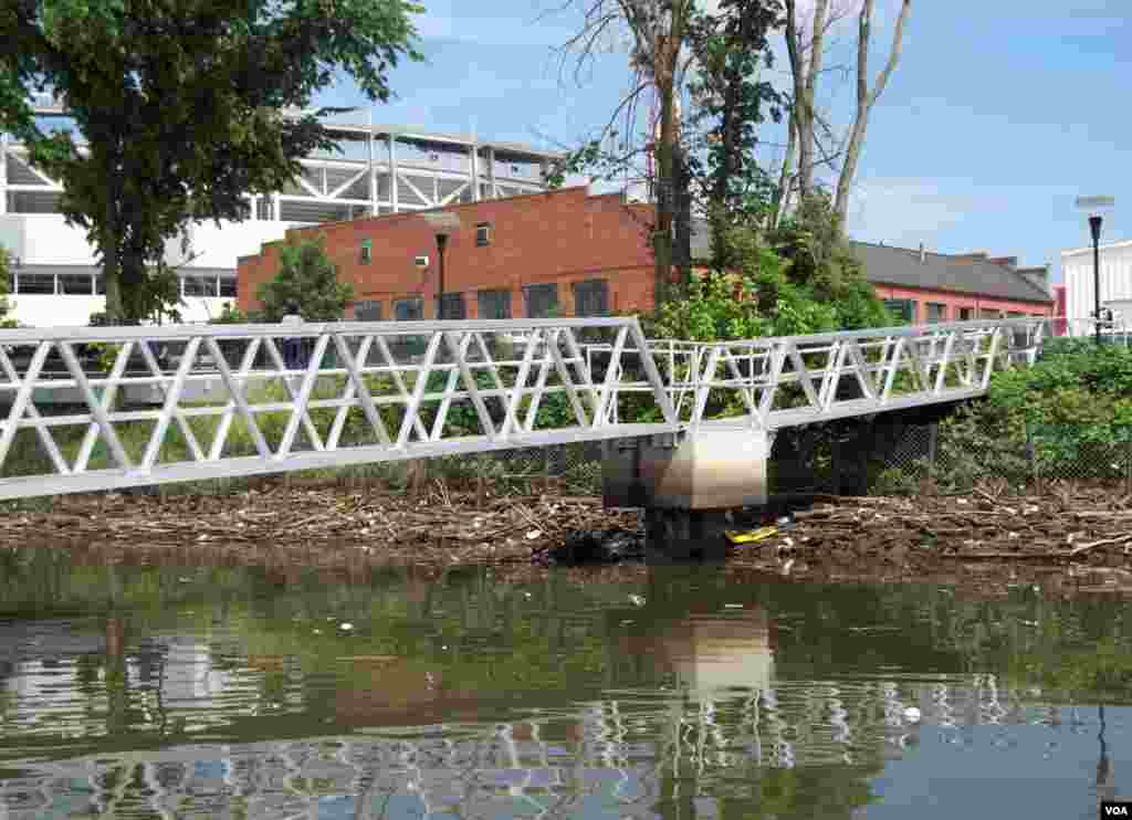 Sampah yang berserakan di Sungai Anacostia, bagian yang disebuh berbahaya karena kontaminasi dari limbah tersebut.&nbsp;(VOA/Rosanne Skirble)