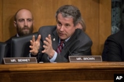 FILE - Senate Finance Committee member Sen. Sherrod Brown, D-Ohio, speaks on Capitol Hill in Washington, Jan. 19, 2017.