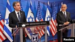 美国国务卿布林肯和以色列总理内塔尼亚胡在耶路撒冷举行联合记者会。（2021年5月25日）