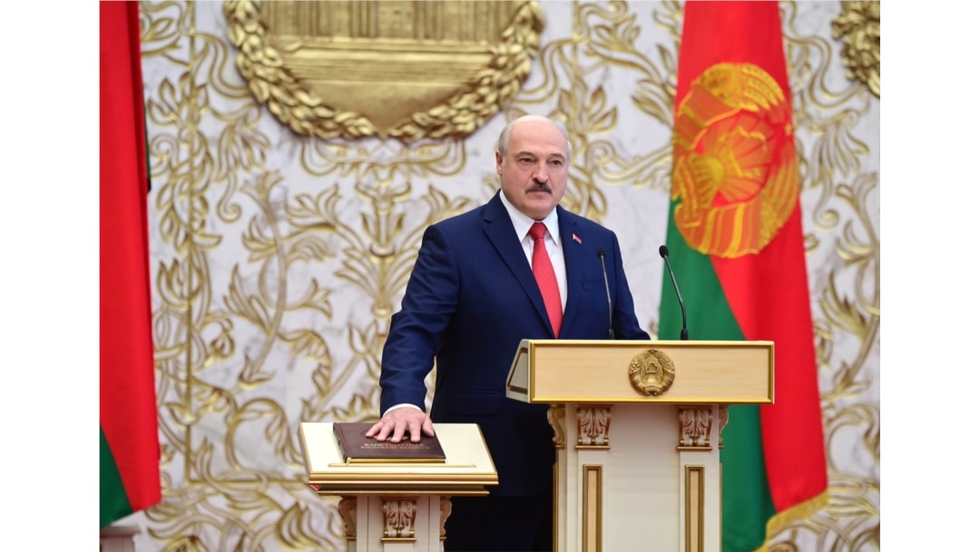 FILE - Belarusian President Alexander Lukashenko takes his oath of office during his inauguration ceremony at the Palace of the Independence in Minsk, Belarus, Sept. 23, 2020.