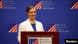 American Institute in Taiwan Director Sandra Oudkirk takes part in a press conference in Taipei, Taiwan, on June 14, 2024.