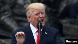 U.S. President Trump gives a public speech in front of the Warsaw Uprising Monument at Krasinski Square, Warsaw, Poland, July 6, 2017.