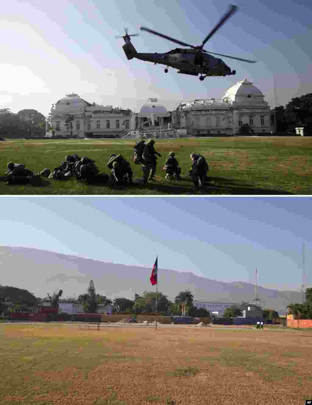 FILE - At top, Jan. 19, 2010, a U.S. Navy helicopter taking off outside the partially collapsed National Palace one week after the earthquake struck Port-au-Prince; below, Jan. 10, 2015, the structure was razed and a lone Haitian flagpole remains.