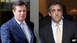 In these 2018 photos, Paul Manafort leaves federal court in Washington, left and attorney Michael Cohen leaves federal court in New York.