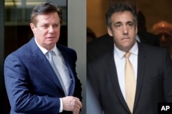 In these 2018 photos, Paul Manafort leaves federal court in Washington, left, and attorney Michael Cohen leaves federal court in New York.