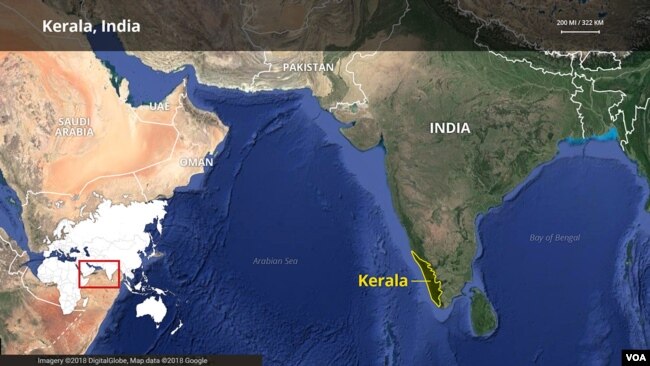 ແຜນທີ່ລັດເຄຣາລາ ຢູ່ທາງພາກໃຕ້ຂອງອິນເດຍ