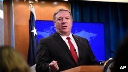 Secretary of State Mike Pompeo answers a question during a news conference on Tuesday, March 26, 2019, at the Department of State in Washington. 