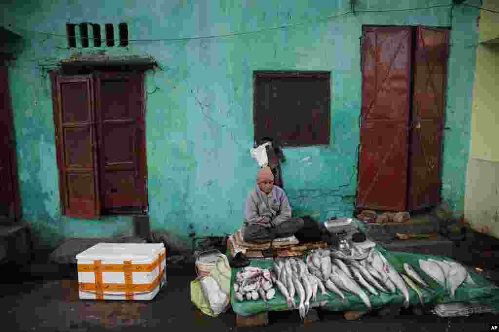 A fish vendor waits for customers at his roadside stall in Lucknow, in the central Indian state of Uttar Pradesh.