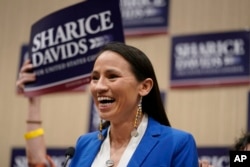 U.S. Representative Sharice Davids, a Democrat from Kansas, talks to supporters on Nov. 8, 2022, in Overland Park, Kansas.