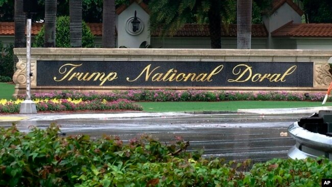 视频截屏图像显示的是2017年6月2日，佛罗里达州特朗普全国多拉。特朗普总统周六发推文表示，将放弃在其私人所属的高尔夫度假地举办2020年七国集团峰会的计划。