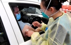A resident receives a dose of the Pfizer COVID-19 vaccine in Australia's first drive through vaccination center in the outer Melbourne suburb of Melton, Aug, 10, 2021.