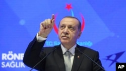 FILE - Turkey's President Recep Tayyip Erdogan speaks during a meeting in Istanbul, July 21, 2017.