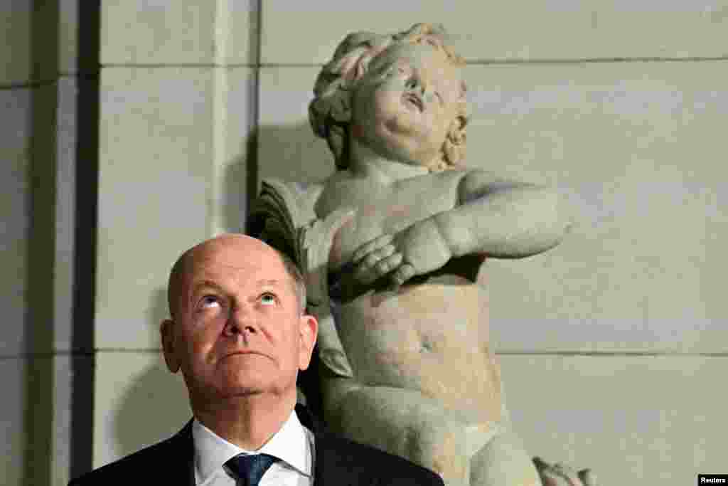 German Chancellor Olaf Scholz attends the signing of the financing agreement for the Prussian Cultural Heritage Foundation in Berlin, Germany.