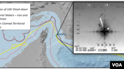 资料图片：美国无人机击落地点图解: 黄线：无人机被击落位置；红线：伊朗、阿联酋/阿曼水域；黑线：伊朗声称的水域