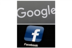 FILE - This combination of file photos shows a Google sign and the Facebook app.