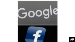 FILE - This combination of file photos shows a Google sign and the Facebook app.