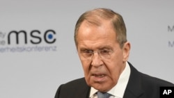 FILE - Sergei Lavrov, Foreign Minister of Russia, speaks at the 56th Munich Security Conference in Munich, Germany, Feb.15, 2020. 