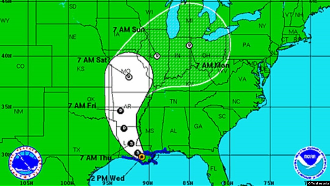 El centro de la tormenta pasará por Luisiana hoy y el jueves, para moverse al sur de Arkansas temprano el viernes.