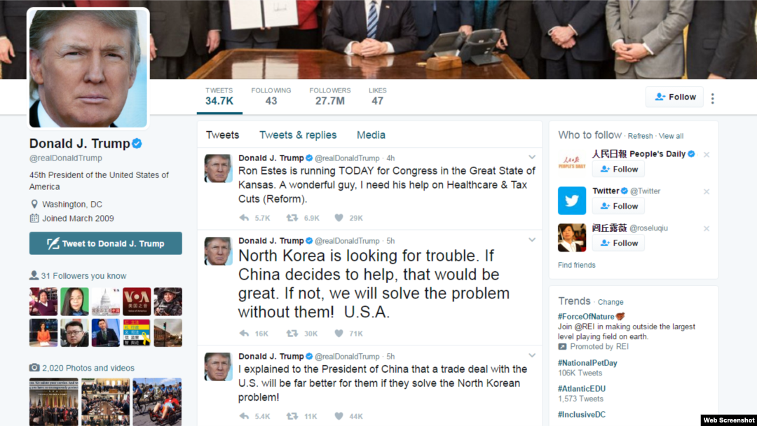 Tư liệu: Trang Twitter của TT Mỹ Donald Trump 