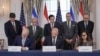 Ambassadors to the U.S. from Israel and Lebanon sign an agreement with State Department Counselor Daniel Holler, Washington, D.C.