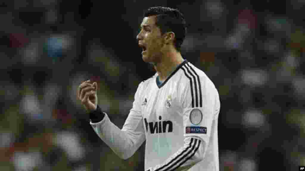 Madrid's Cristiano Ronaldo from Portugal reacts during the Champions League semifinal second leg soccer match between Real Madrid and Borussia Dortmund in Madrid, Spain, Tuesday, April 30, 2013.