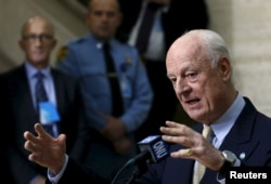 FILE - U.N. mediator for Syria Staffan de Mistura gestures during a news conference after a meeting with the Syrian High Negotiations Committee (HNC) during the peace talks at the United Nations in Geneva, Switzerland, Feb. 1, 2016.