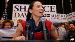 Democrat House candidate Sharice Davids speaks to supporters at a victory party in Olathe, Kansas, Nov. 6, 2018. 