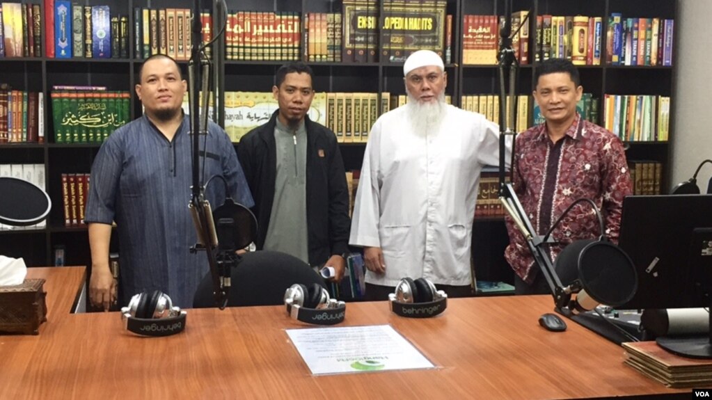 The staff at Hang Radio, a Salafi Islam radio station on the Indonesian resort island of Batam. (K. Varagur/VOA)