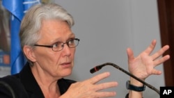 FILE - Margareta Wahlstrom, special representative of the U.N. secretary-general for disaster risk reduction, speaks to reporters in Phnom Penh, Cambodia, April 25, 2012.