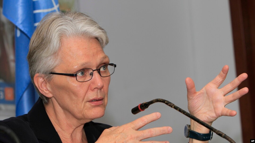 Margareta Wahlstrom, pejabat tinggi PBB urusan pengurangan risiko bencana, pada suatu acara di Phnom Penh, Kamboja.