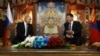 Russian President Vladimir Putin, left, and Mongolian President Ukhnaagiin Khurelsukh attend a meeting at the Saaral Ordon Government Building in Ulaanbaatar, Mongolia, Sept. 3, 2024.