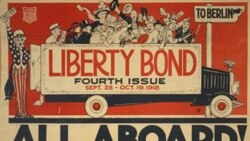 A poster for selling liberty bonds shows Uncle Sam with a truck full of citizens holding bonds under a sign saying "To Berlin"