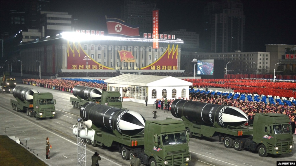 Military equipment is seen during a military parade to commemorate the 8th Congress of the Workers' Party in Pyongyang, North Korea, Jan. 14, 2021 in this photo supplied by North Korea's Central News Agency (KCNA). 