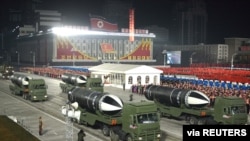 Military equipment is seen during a military parade to commemorate the 8th Congress of the Workers' Party in Pyongyang, North Korea, Jan. 14, 2021 in this photo supplied by North Korea's Central News Agency (KCNA). 